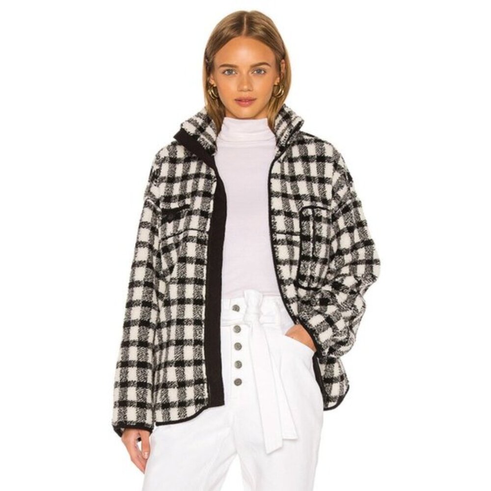 Revolve Tularosa James Plaid Oversized Faux Shearling Coat Jacket Black White